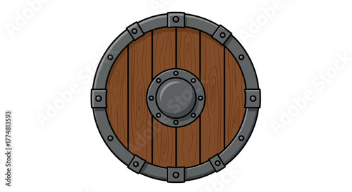A round wooden shield with a grey metallic center and a rim secured by square metal fasteners