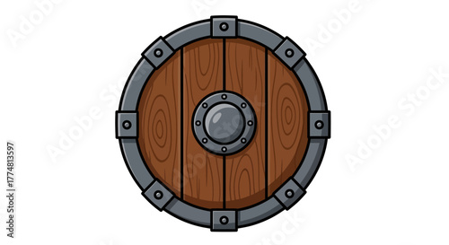 A round wooden shield is reinforced with metal bands  squares and has a central metal boss