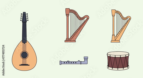 Variety of musical instruments including lute harps recorder and drum arranged on a light green background