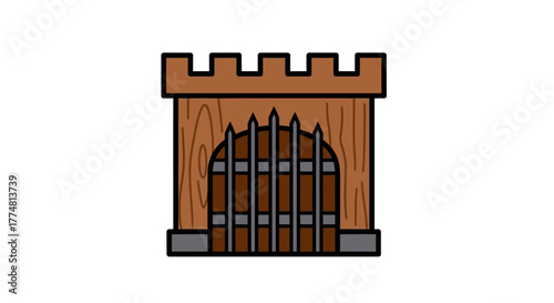 A simplified brown gate or tower with a spiked metal portcullis set against a plain white background