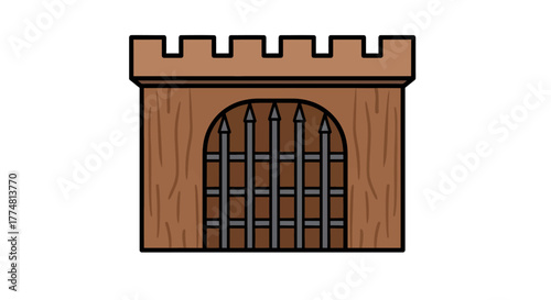 A cartoonstyle wooden gatehouse with a gated arch and crenellations on top is centered