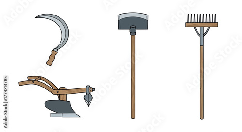 Farm tools sickle plow hoe rake displayed against a plain white backdrop