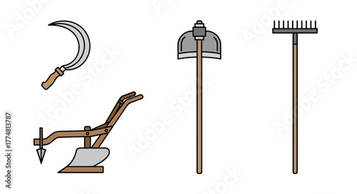 Four farming tools are displayed a sickle plow hoe and rake