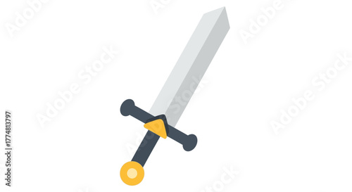 Stylized sword with gray blade black hilt  yellow guard isolated on a white background