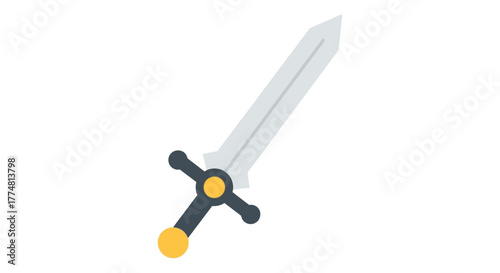 A silver sword tilted right featuring a black hilt adorned with a yellow pommel and a circular guard