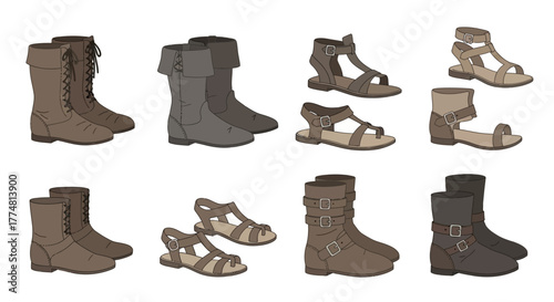 Eight pairs of shoes are arranged on a white background