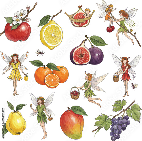 Fantasy Fruit Fairies Seamless Watercolor Pattern