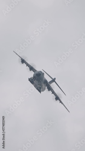 A400 M ATLAS military transport plane during flight with sharp turns