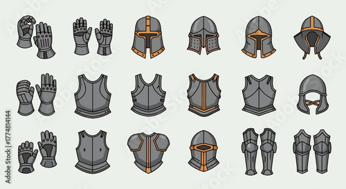 A collection of drawn knight armor pieces