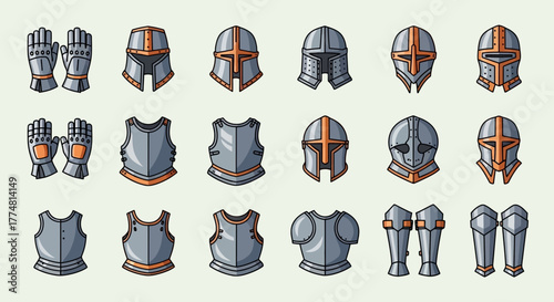 Illustration of 15 pieces of grey armor including helmets chest pieces and gauntlets arranged on a light background