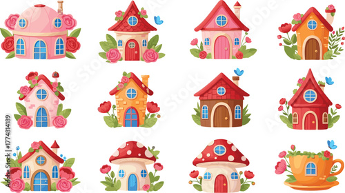 Cartoon fairy houses, whimsical architecture, mushroom homes, fantasy dwellings, colorful cottages, teacup garden, magical buildings, nature decor, storybook style, cute illustration
