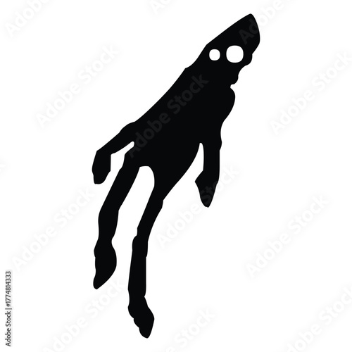 A black silhouette of an alien like figure with long legs and large eyes on a white background image