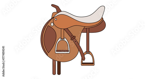 Illustrated western saddle light brown with stirrups and padding on a white background