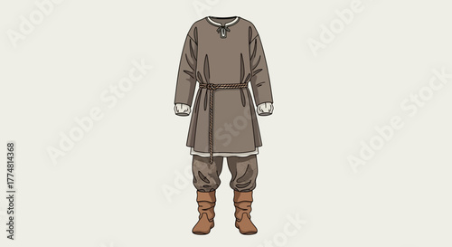 Full shot of Viking outfit tunic trousers  boots against pale background