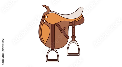A brown and tan horse saddle with stirrups