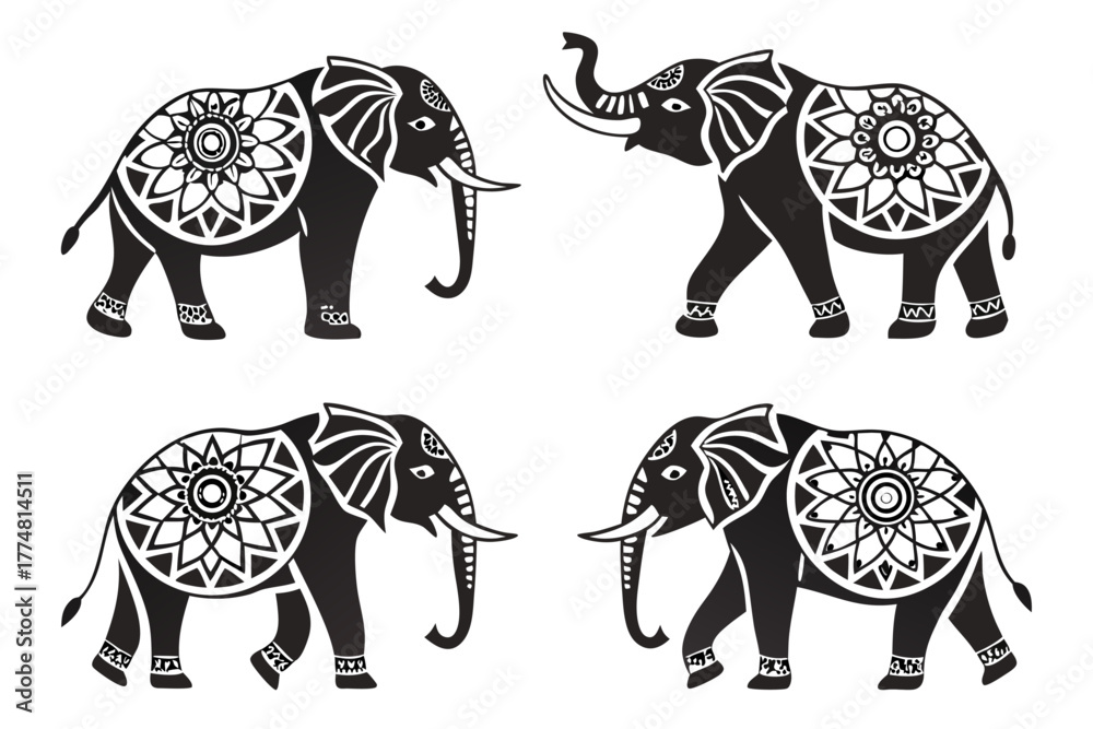 Fototapeta premium Minimalist mandala elephant icon set with geometric patterns