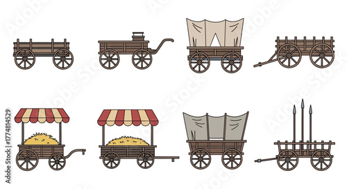 Eight cartswagons Some have tents awnings spears and a platform All are in a line