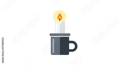 A burning candle sits in a dark gray mugholder against a plain white background