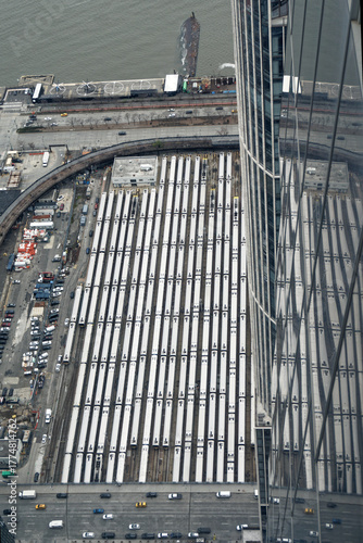 Aerial View of Train Yard with Aligned Coaches, New York City, USA
