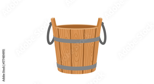 A wooden bucket with a rounded base metal bands and looped rope handles stands on a white background
