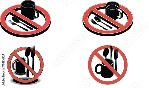 No Food or Drink Allowed Vector Icon Set: Forbidden Sign for Eating, Cutlery, and Mug Prohibition Symbol