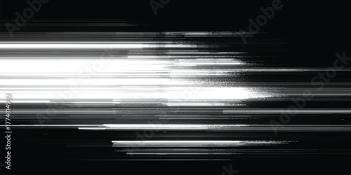 abstract digital light glitch background with horizontal lines and motion blur effect in black and white tones.