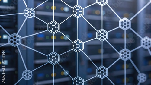 Blockchain Technology Abstract network design with interconnected shapes against a server background.