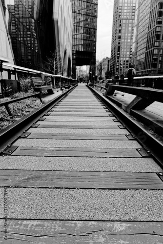 Close-Up Bottom-Up View of Old Tracks on the High Line, New York City, USA