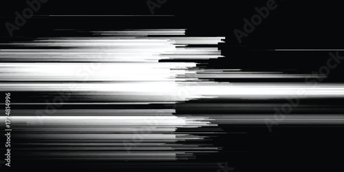 abstract digital light glitch background with horizontal lines and motion blur effect in black and white tones.