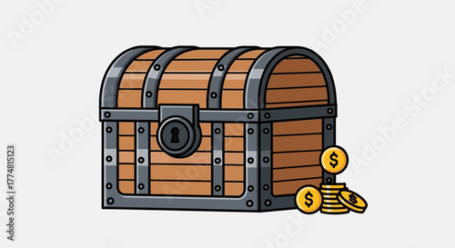 A wooden treasure chest is adorned with metal accents and a lock accompanied by a small pile of gold coins