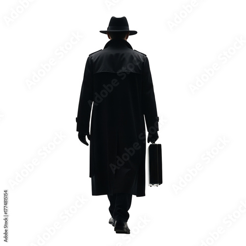 A solitary figure in a long dark coat and fedora hat holding a briefcase walks away isolated on transparent background