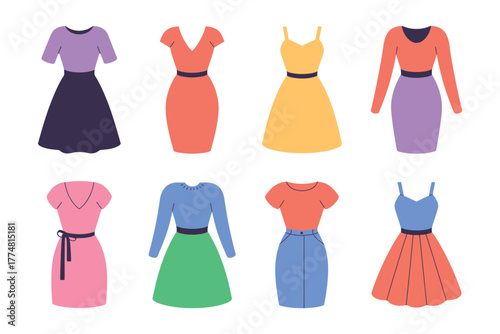 A collection of eight distinct dresses are displayed in a grid arrangement.