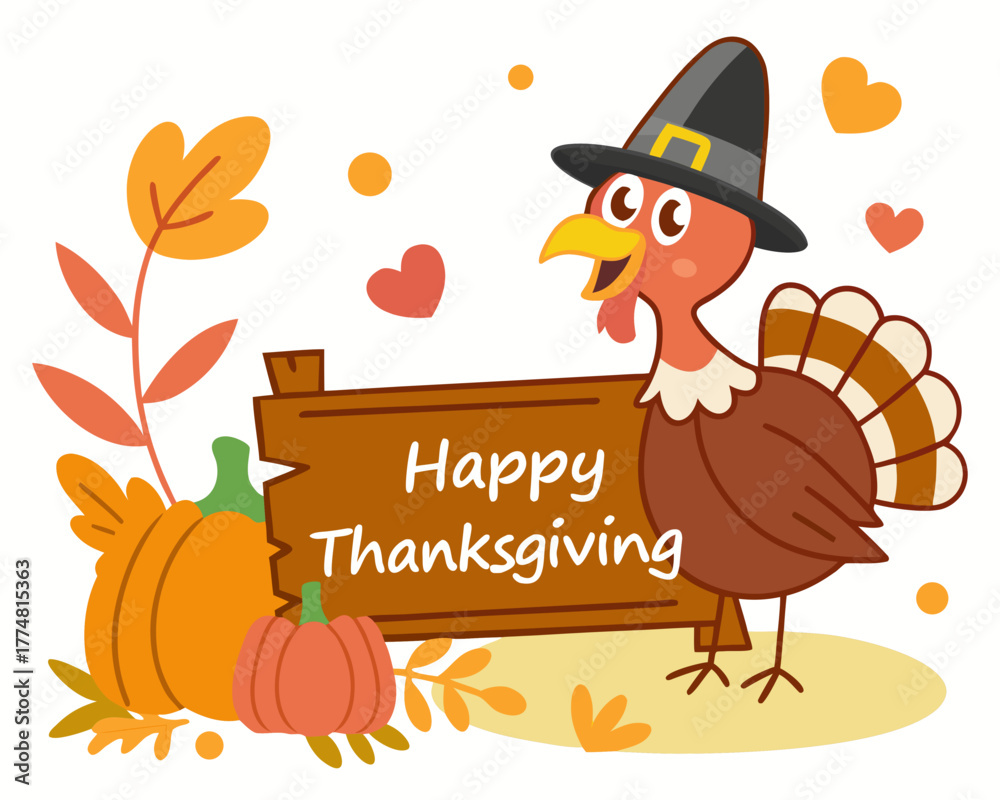 Naklejka premium Cartoon Thanksgiving Illustration with Turkey Pumpkins and Leaves Perfect for Holiday Greetings and Festive Designs