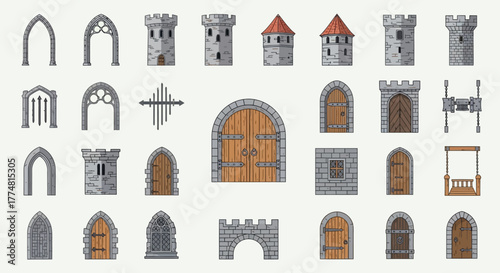 Collection of cartoonstyle drawings of castlemedieval architecture elements
