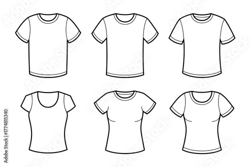 A collection of simple, white t-shirt templates is displayed in a grid.