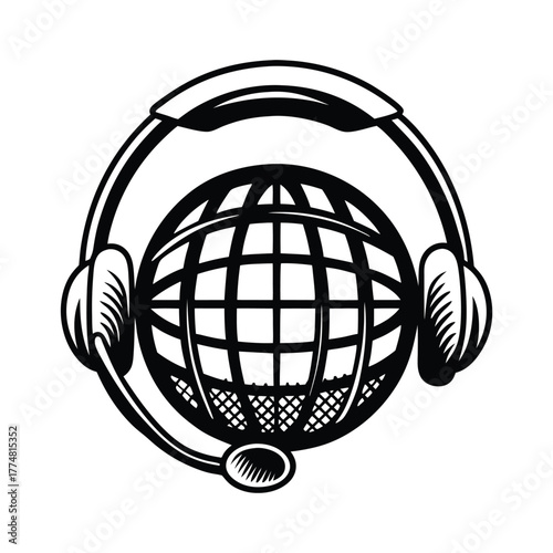 Black sketched globe icon is wearing a headset on the white background in simple form