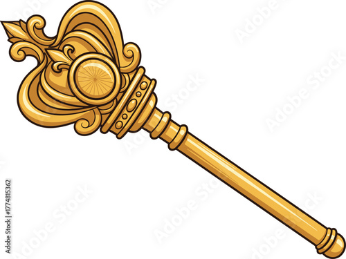 Golden scepter, royal staff, ceremonial object, ornate design, regal accessory, power symbol, monarchy tool, luxury item, vintage illustration, majestic artifact