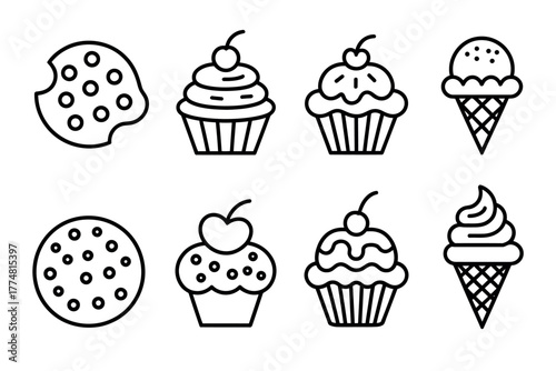 A collection of outline icons representing various sweet treats like cookies, cupcakes, and ice cream cones.