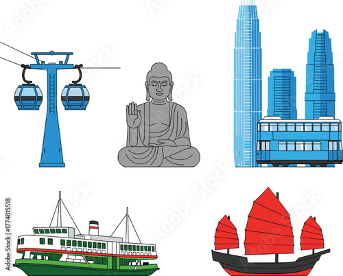 Hong Kong icons, cable car, Big Buddha statue, city skyline, double-decker tram, Star Ferry, junk boat, travel landmarks, cultural symbols