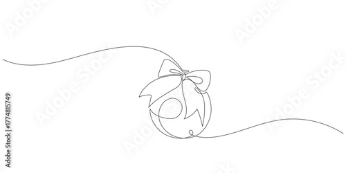 Christmas ball,continues one single line hand drawing sketch. Vector stock illustration isolated on white background for design template winter holiday banner, card, invitation. Editable stroke
