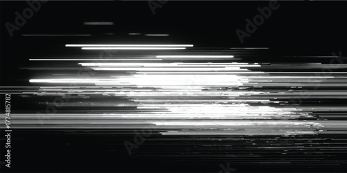 abstract digital light glitch background with horizontal lines and motion blur effect in black and white tones.
