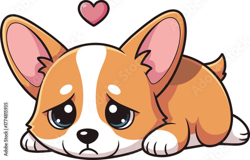 Sad corgi puppy, cartoon dog, emotional expression, cute animal, heart symbol, teardrop eyes, pet illustration, adorable character, sympathy art, dog emotion