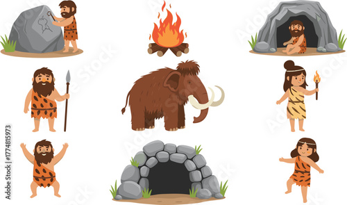 Prehistoric cartoon scene, cave people, woolly mammoth, fire making, stone shelter, animal skin clothing, early humans, tribal life, ancient lifestyle, history illustration