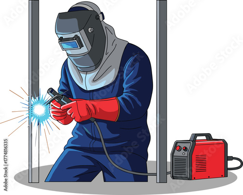 Welding worker, protective gear, blue sparks, metal fabrication, industrial job, welding torch, safety equipment, construction site, skilled labor, workshop scene