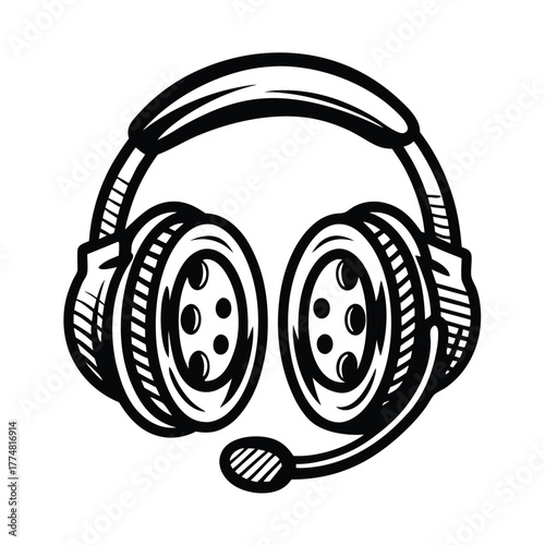 Isolated headset featuring vintage hatched line art in black provides classic illustration