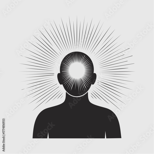 radiant forehead epiphany: silhouetted head with luminous burst, inner clarity and awakening