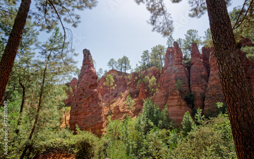 Chimney-Like Orange Rock Formations at Les Ocres de Roussillon, Provence, France