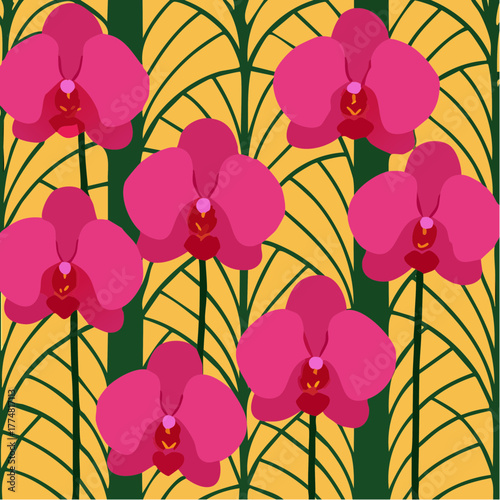 orchid frond chorus: pink orchids with sunlit centers on tropical green-and-yellow frond ground
