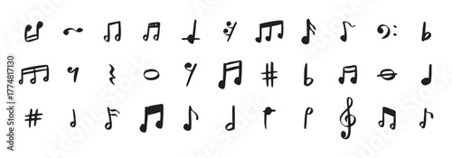Notes doodle set hand drawn with a black pen. Sketch music drawing note 