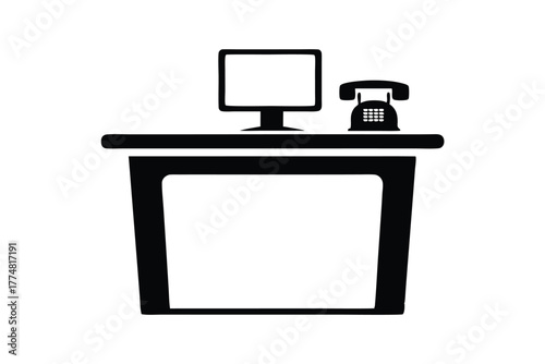 Isolated monochrome desk shows telephone and desktop computer icon, simple and modern